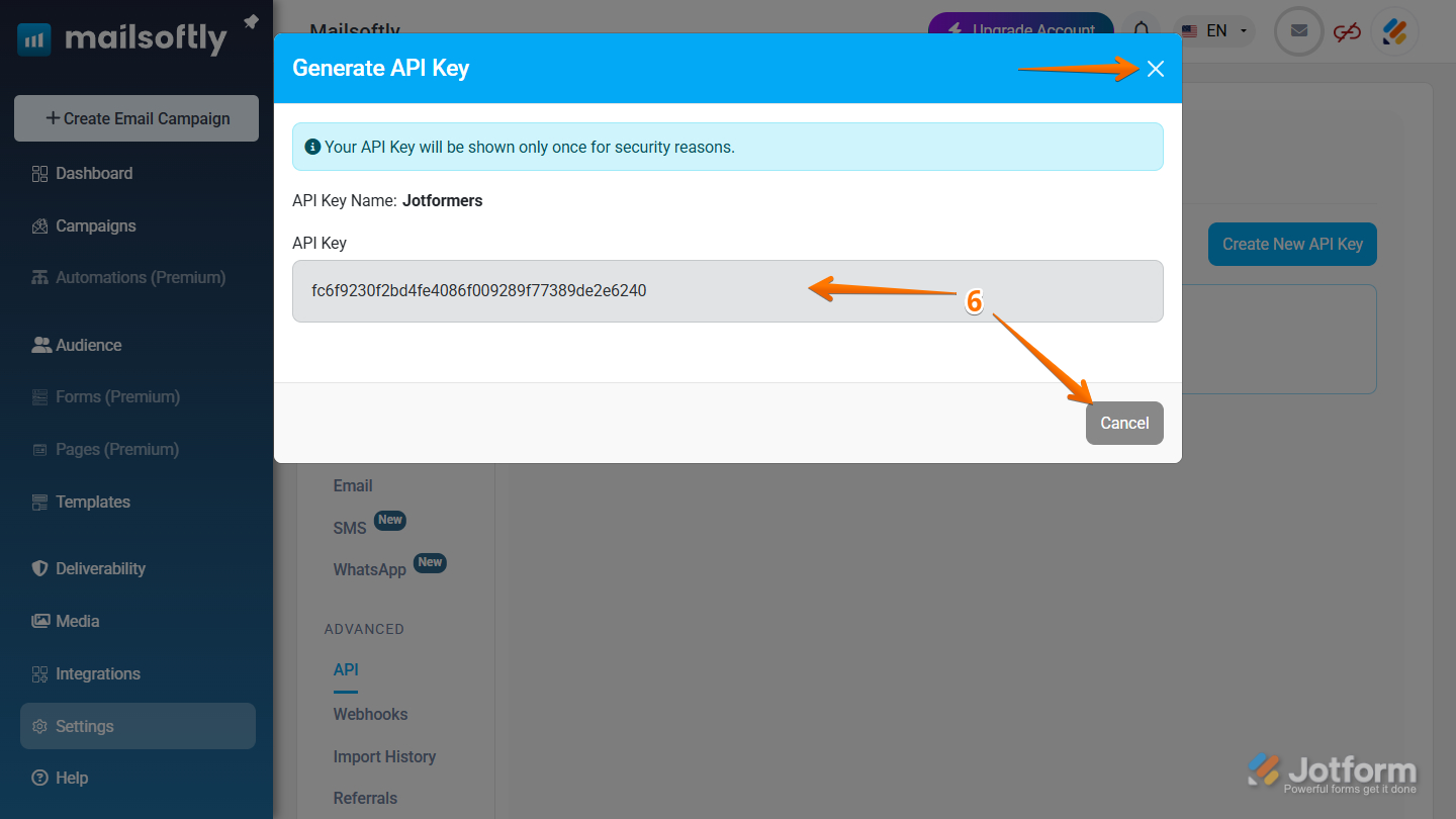 Copy API Key in Mailsoftly