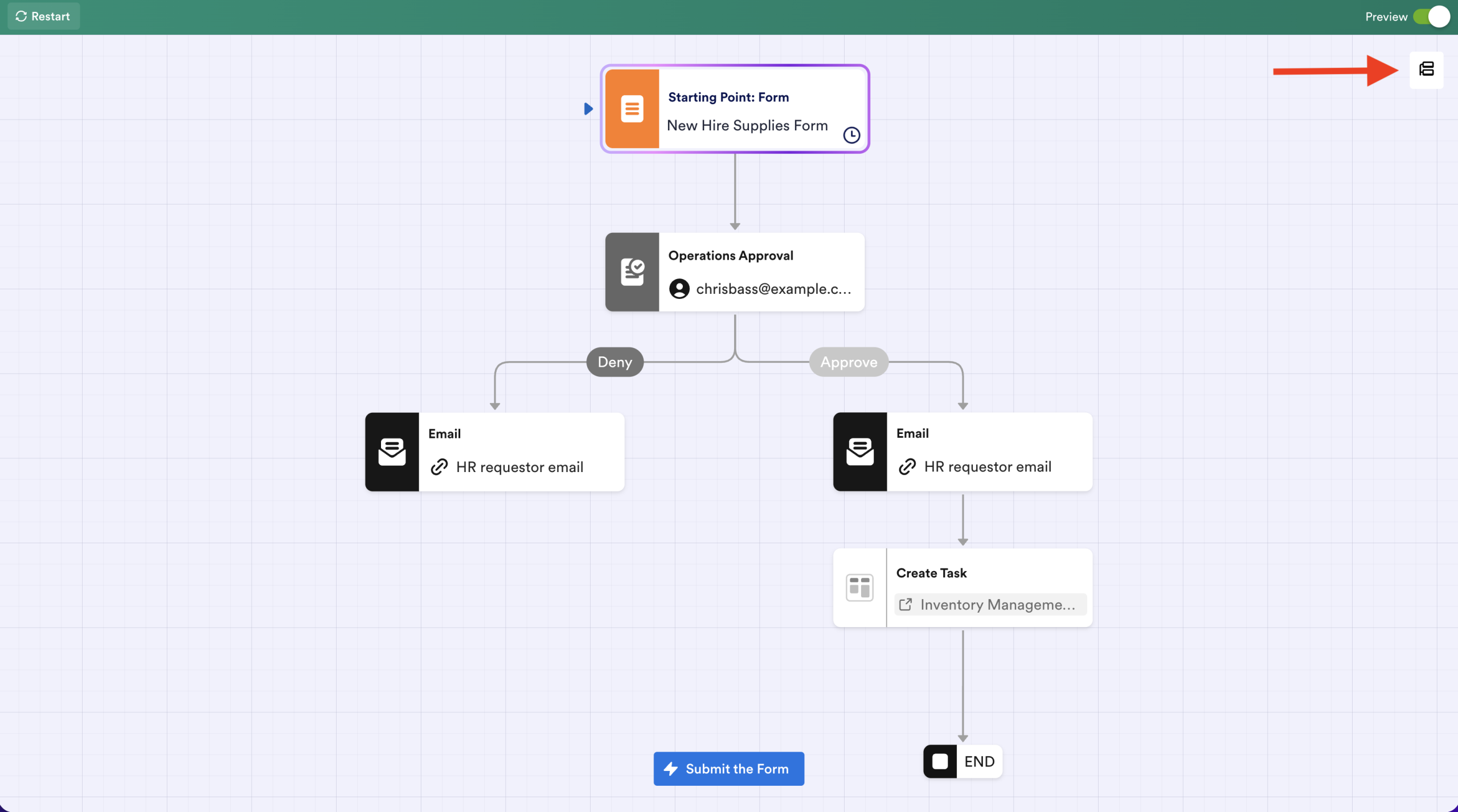 Klick auf die Ausführungsübersicht-Schaltfläche oben rechts im Workflow Builder