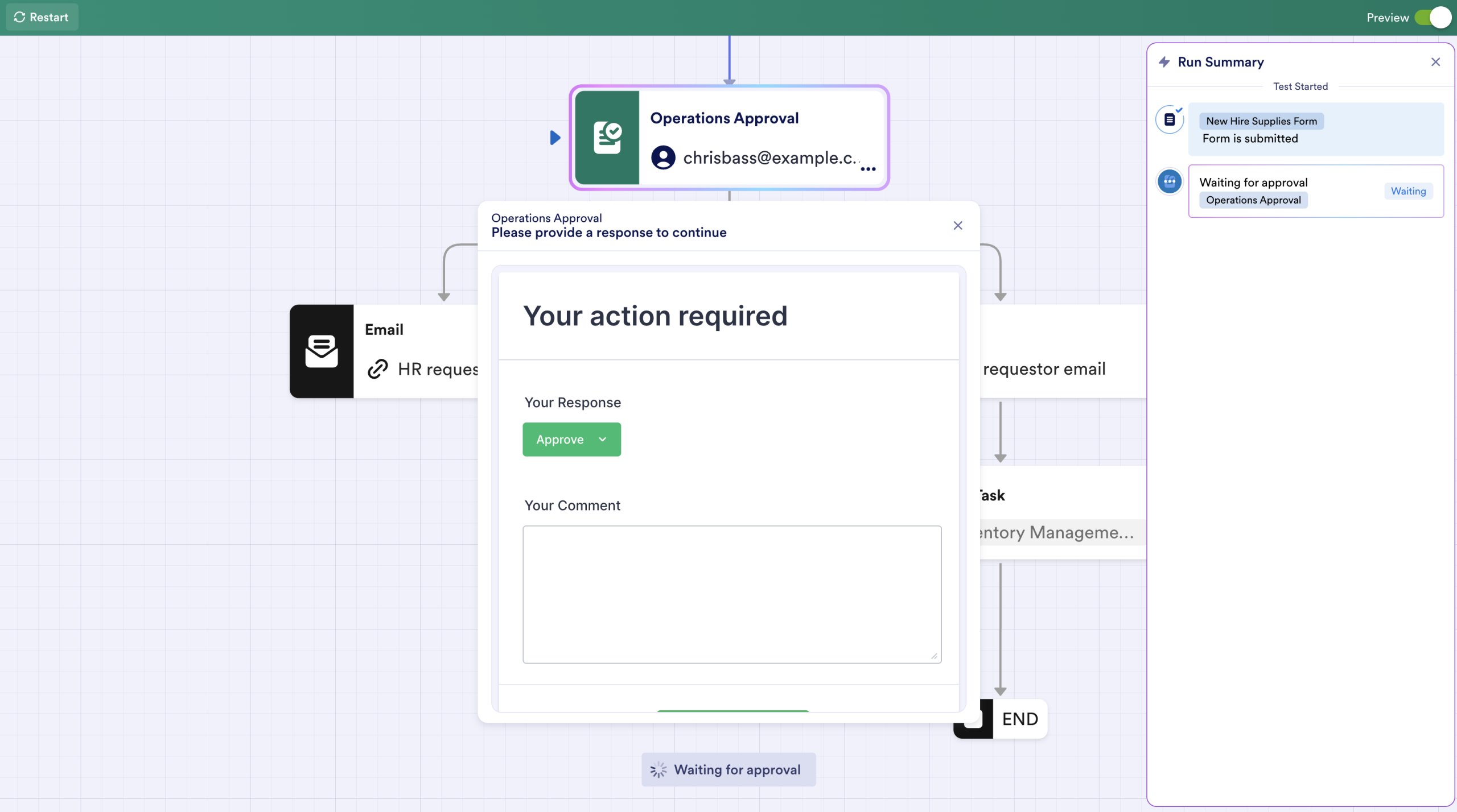 Anzeige des Ausführungsübersicht-Fensters im Jotform Workflow Builder
