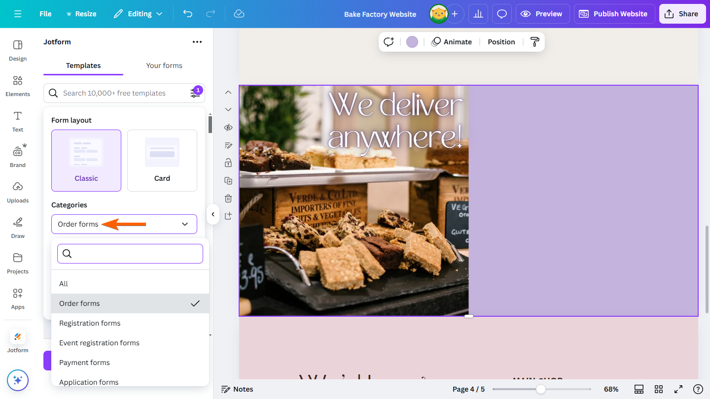 Categories filter in the Advanced Filter menu of the Templates tab of the Jotform App in Canva Editor