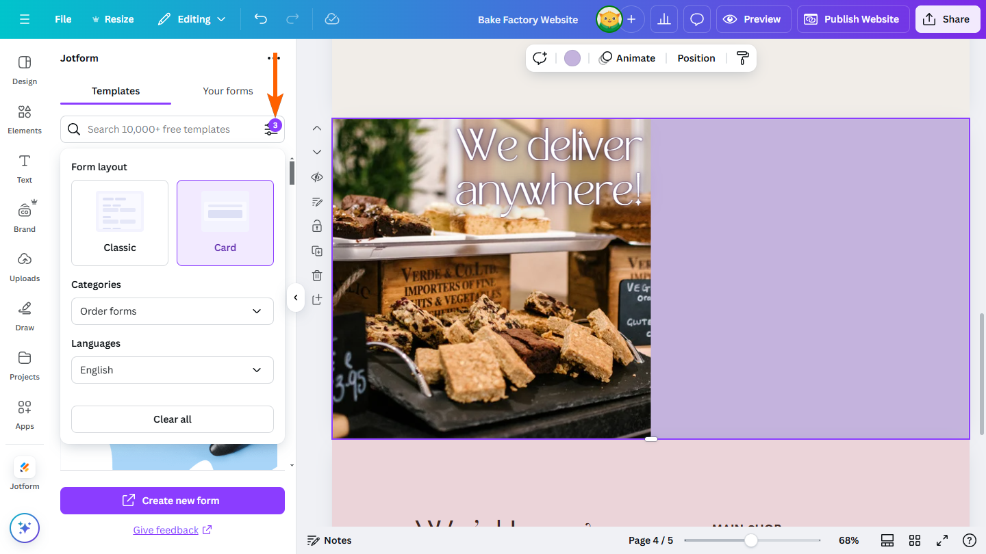 Applied filters indicator in Templates tab of the Jotform App in Canva Editor