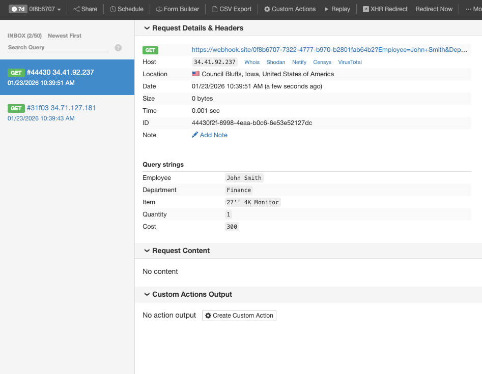 Anzeige der genehmigten Daten im Webhook
