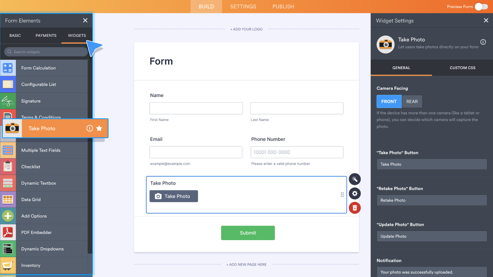 Screenshot of Jotform Form Builder Widgets Tab Take a Photo Widget 
