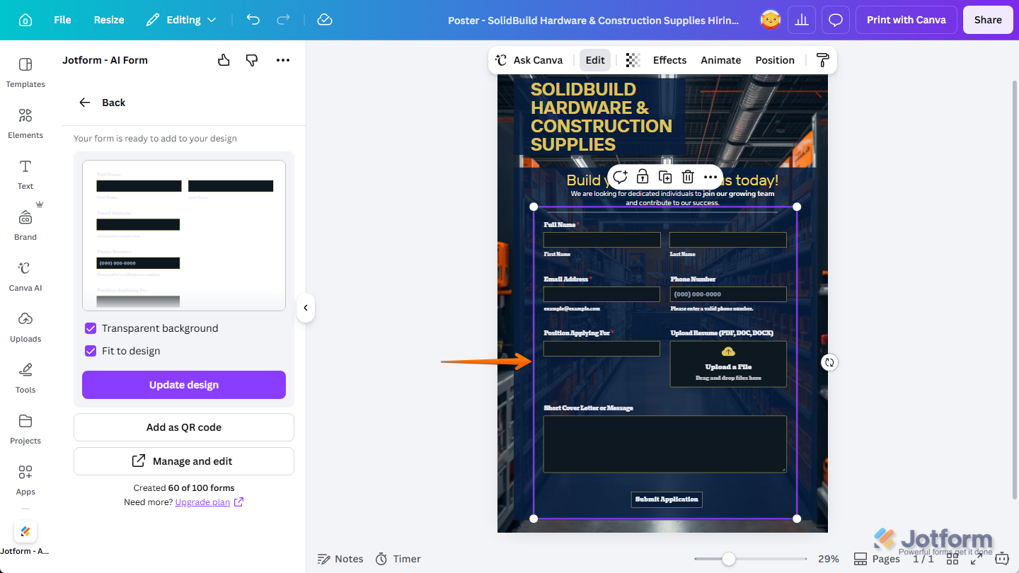 Jotform form from Jotform Canva App in a design in Canva Design Editor