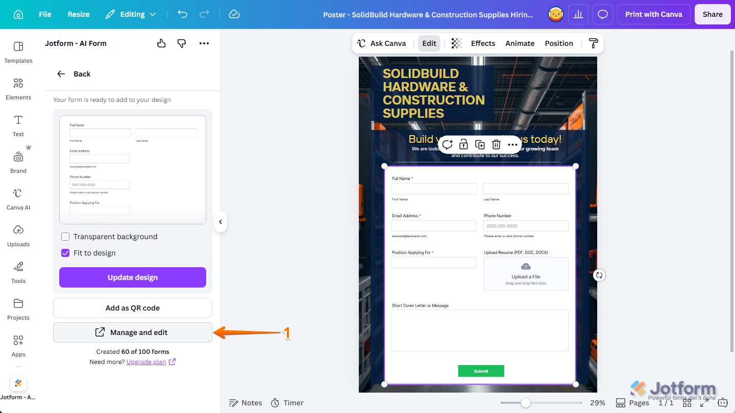 Manage and Edit button in the Jotform Canva App in Canva Design Editor