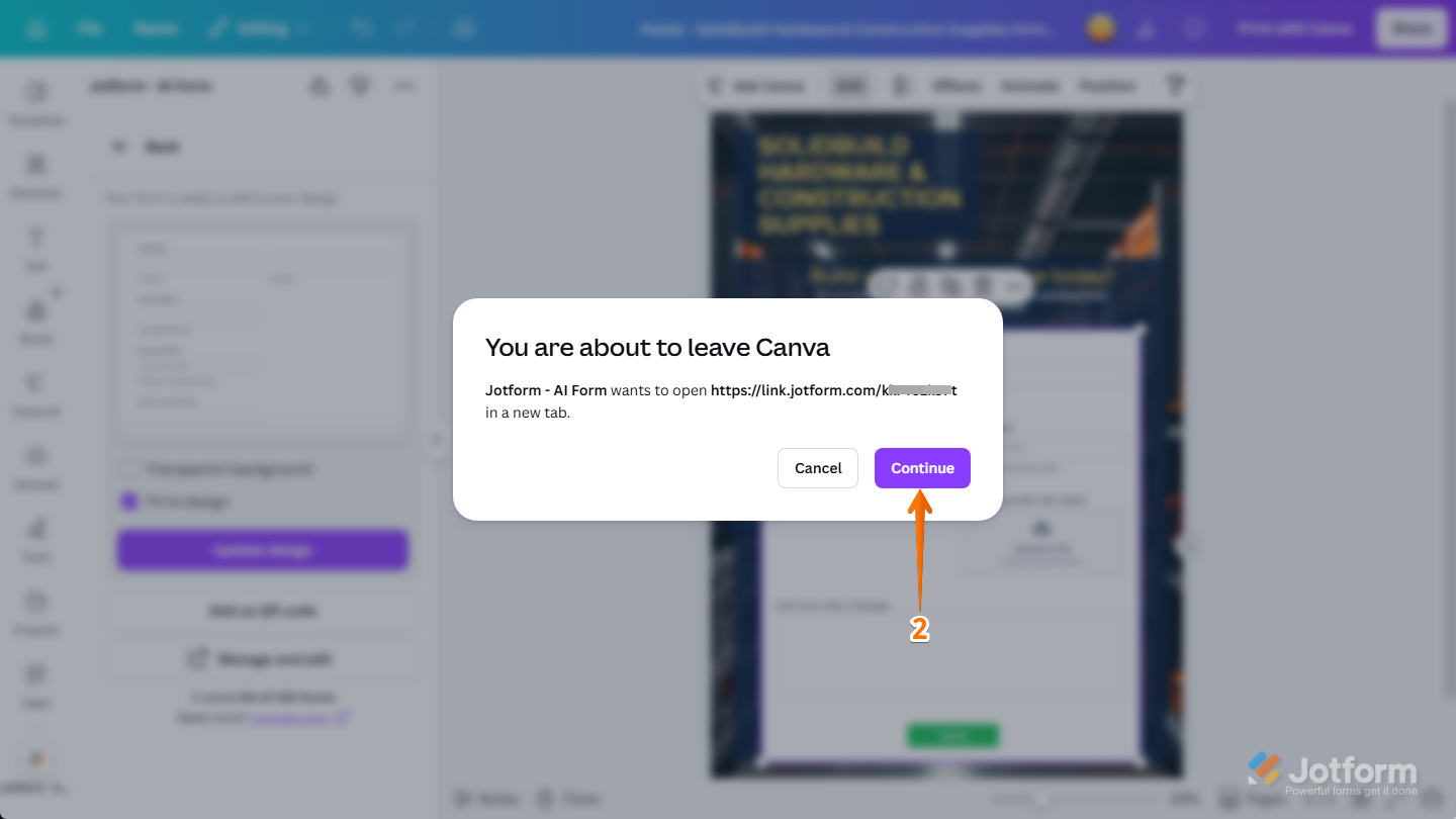 Continue button to Jotform Form Builder in the confirmation window in Canva Design Editor