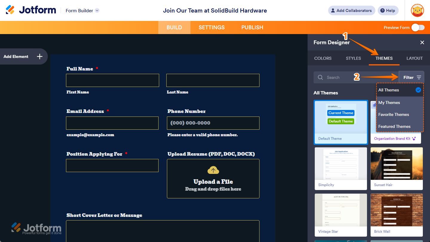 Filter menu under the Themes tab of the Form Designer in Jotform Form Builder