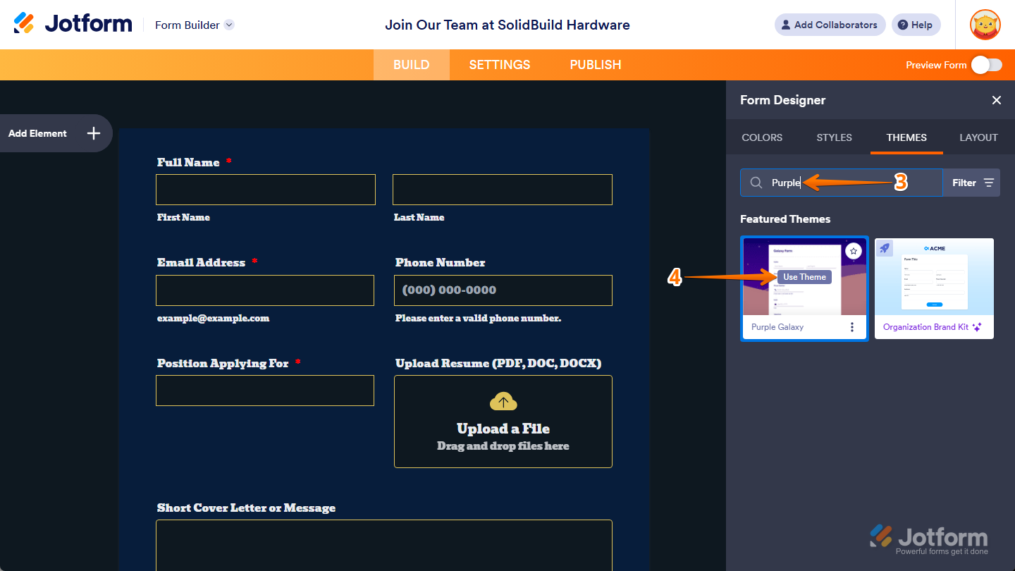 Featured Themes search results under the Themes tab of the Form Designer in Jotform Form Builder