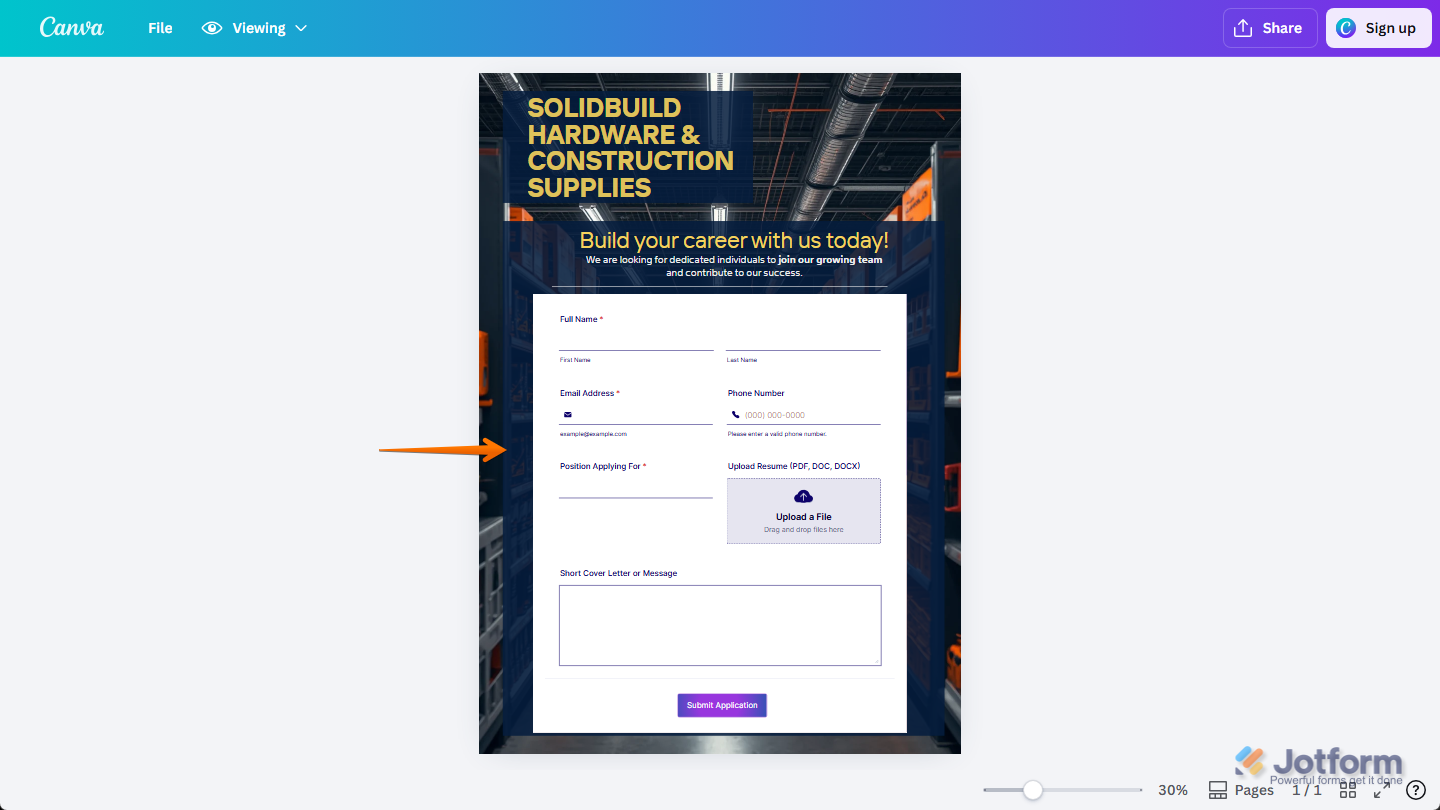 New theme applied to Jotform Demo Form in Canva design