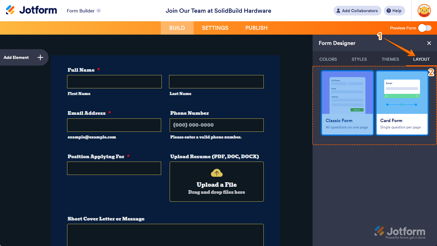 Layout options under the Layout tab of the Form Designer in Jotform Form Builder