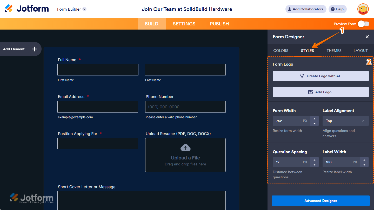 Different style settings under the Styles tab of the Form Designer in Jotform Form Builder