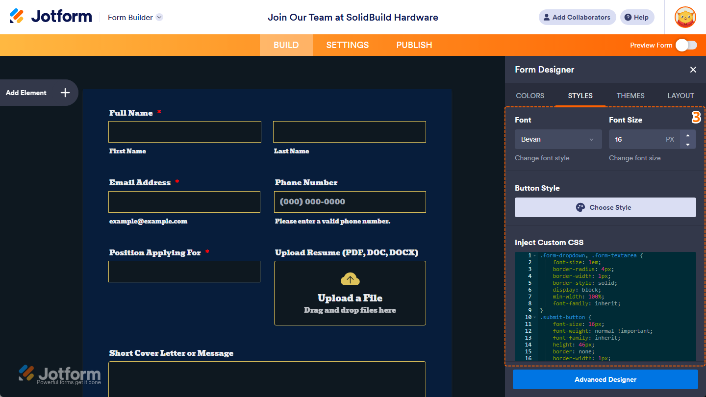 Other style settings under the Styles tab of the Form Designer in Jotform Form Builder