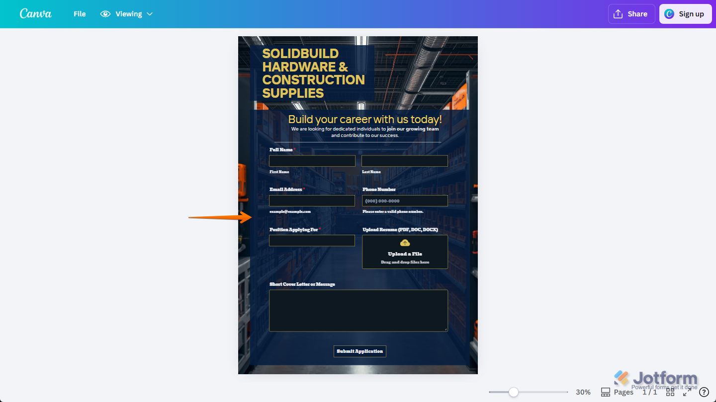 Jotform Demo Form with style changes in Canva design