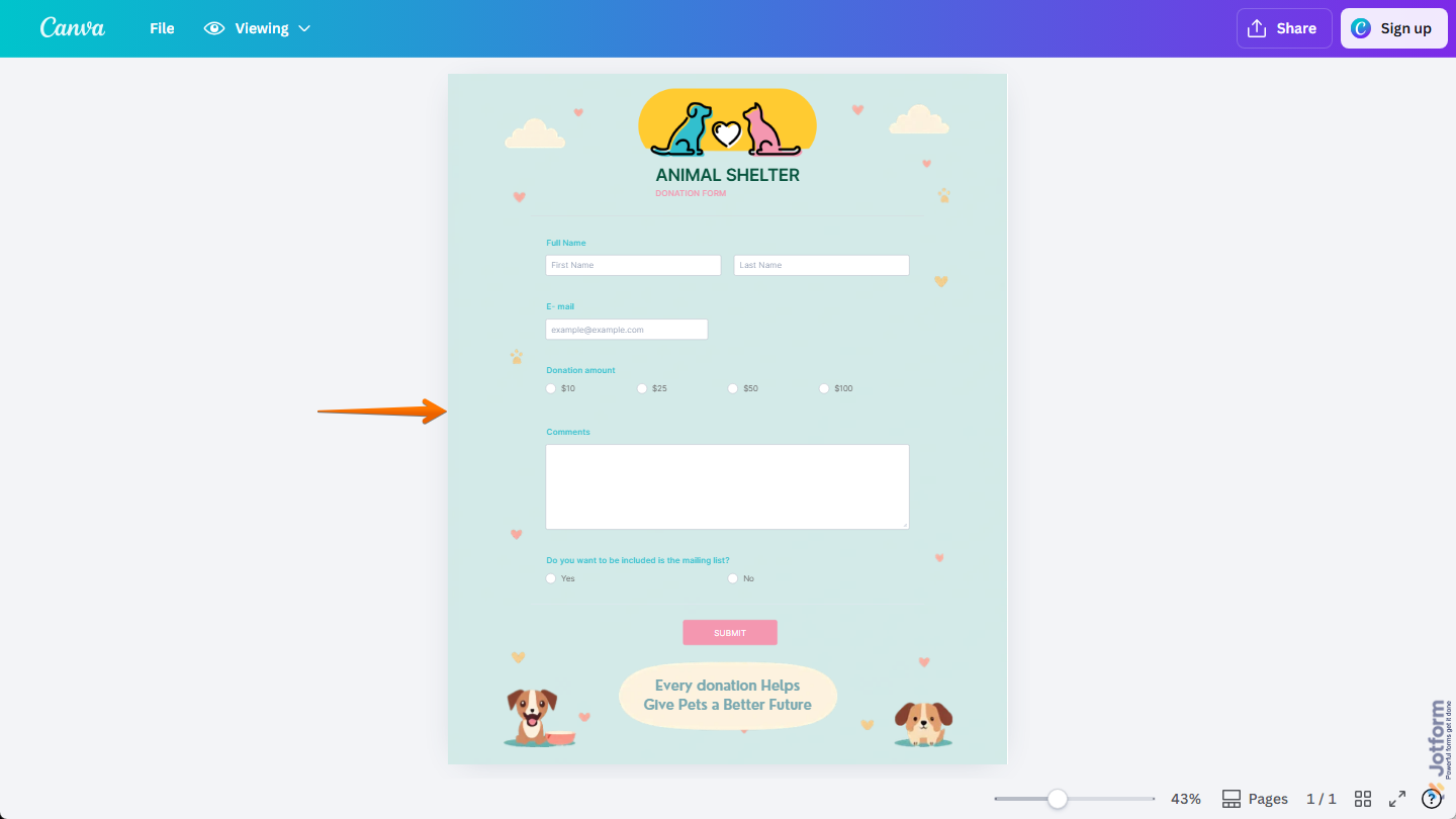 Jotform Donation form in Canva design
