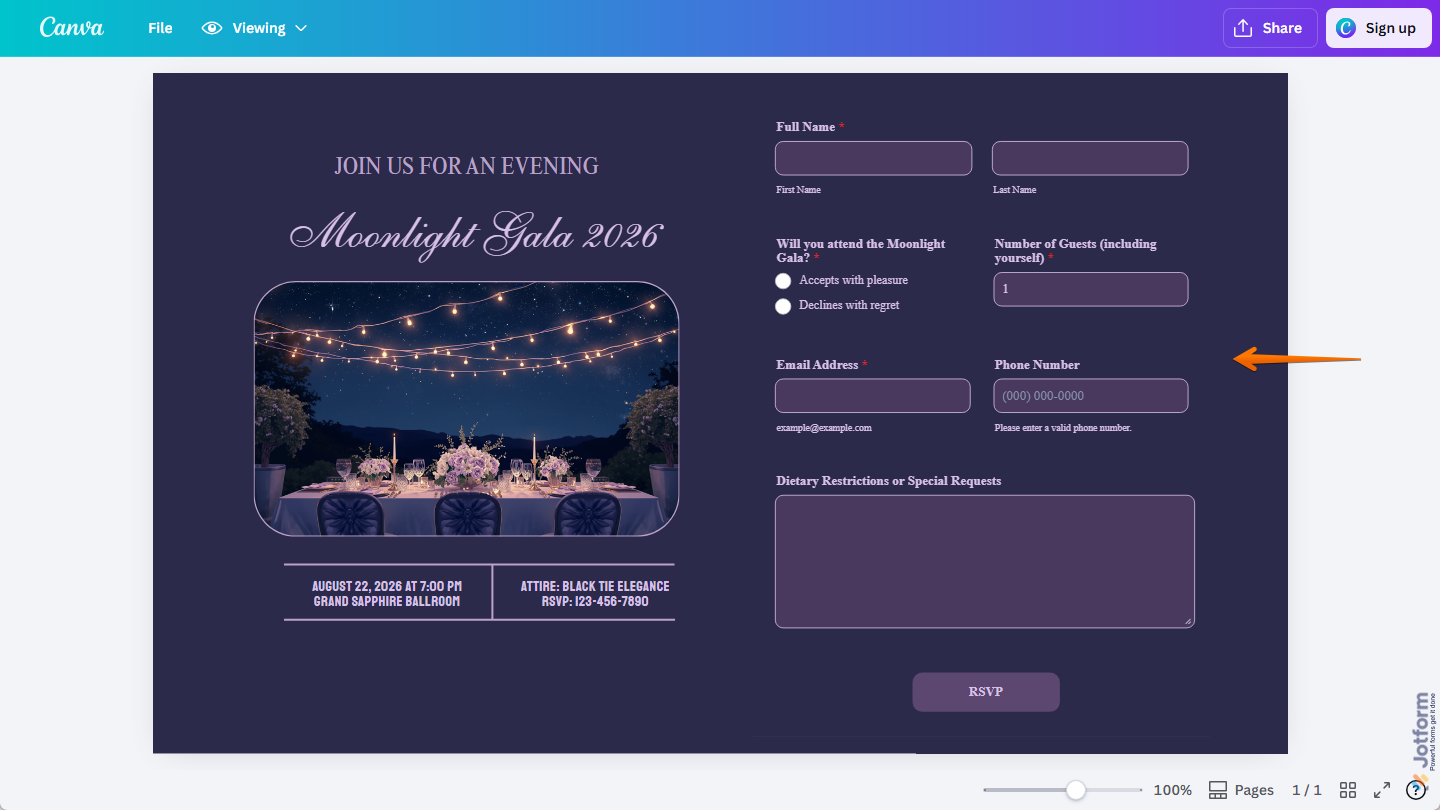 Jotform Event RSVP form in Canva design