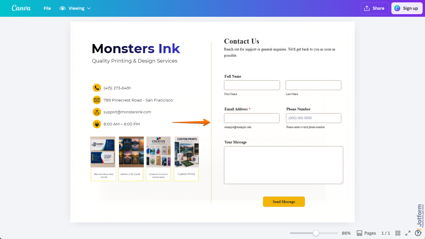 Jotform Contact form in Canva design