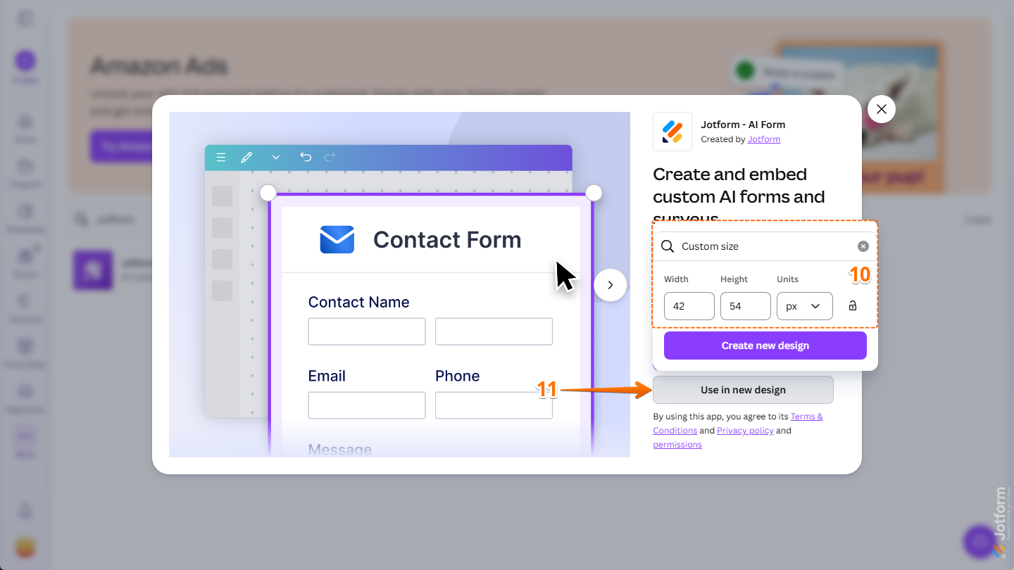 Create New Design button of the Custom Size option in the Jotform Canva App window on the Apps page in Canva