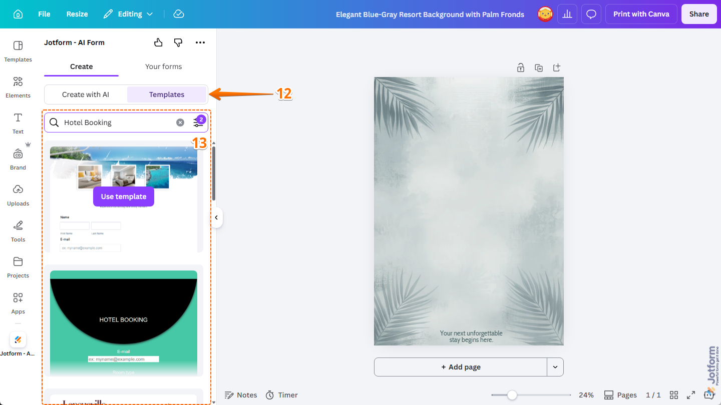 Jotform Form Templates in the Templates option under the Create tab of the Jotform Canva App in Canva Design Editor in Canva