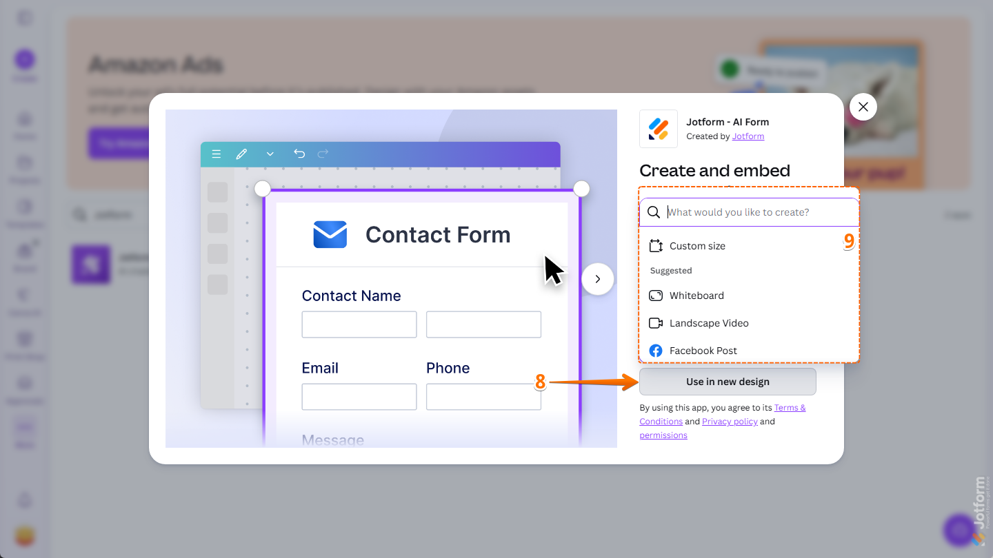 Use in New Design options in the Jotform Canva App window on the Apps page in Canva