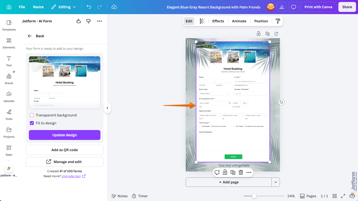 Jotform Form from Jotform Canva App in Canva Design Editor in Canva