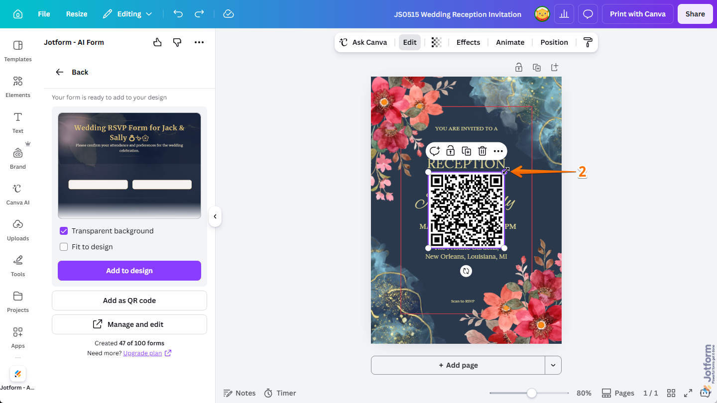 Resize Handle of a Jotform Form QR Code in a design in Canva Design Editor