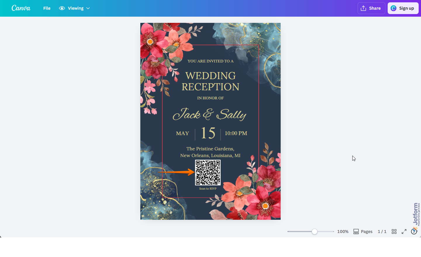 Jotform Form QR Code in a design demo in Canva
