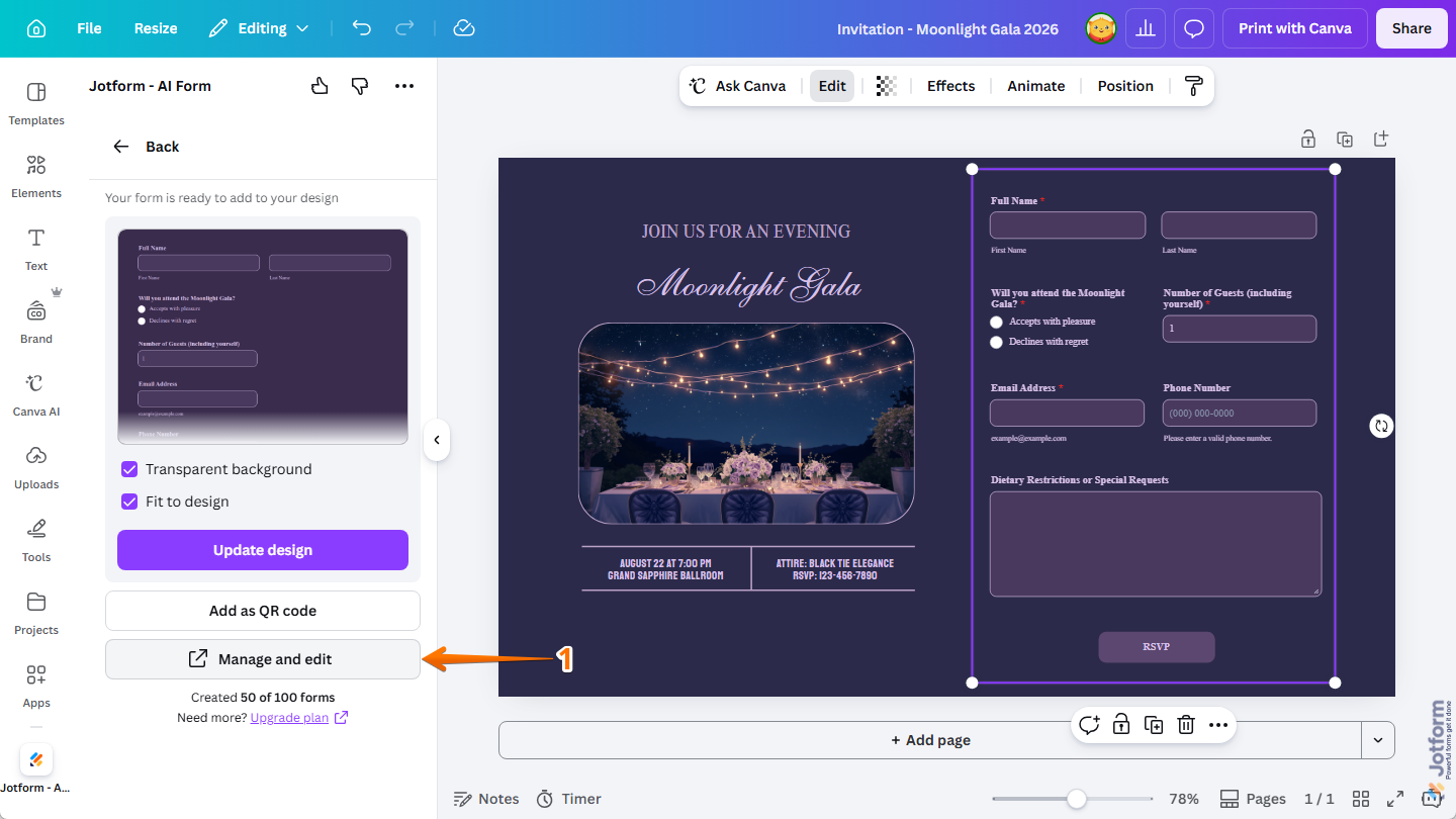 Manage and Edit button of a connected Jotform Canva App on the Canva Design Editor page