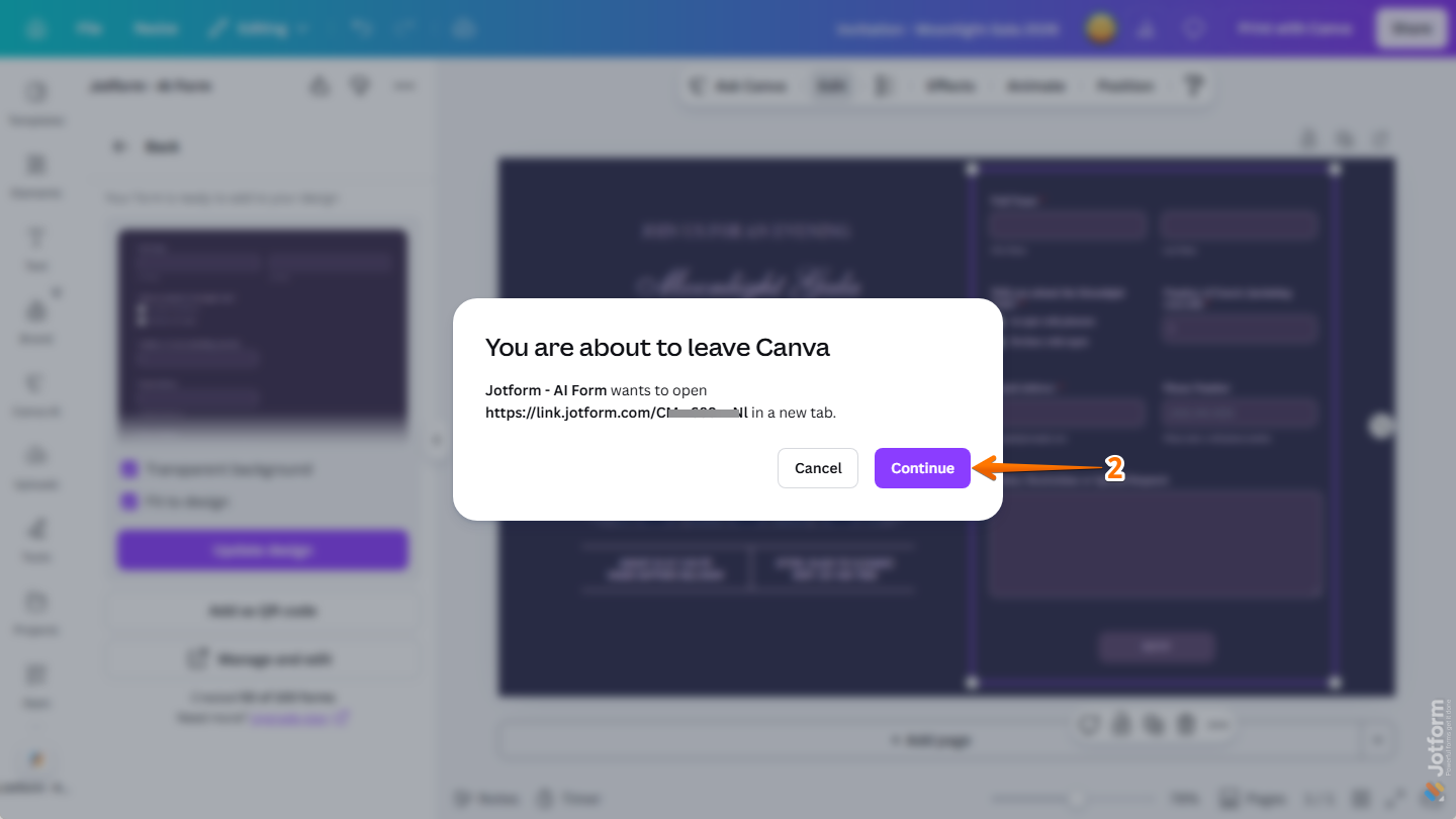 Continue button in the Confirmation window for managing forms connected to the Jotform Canva App on the Canva Design Editor page