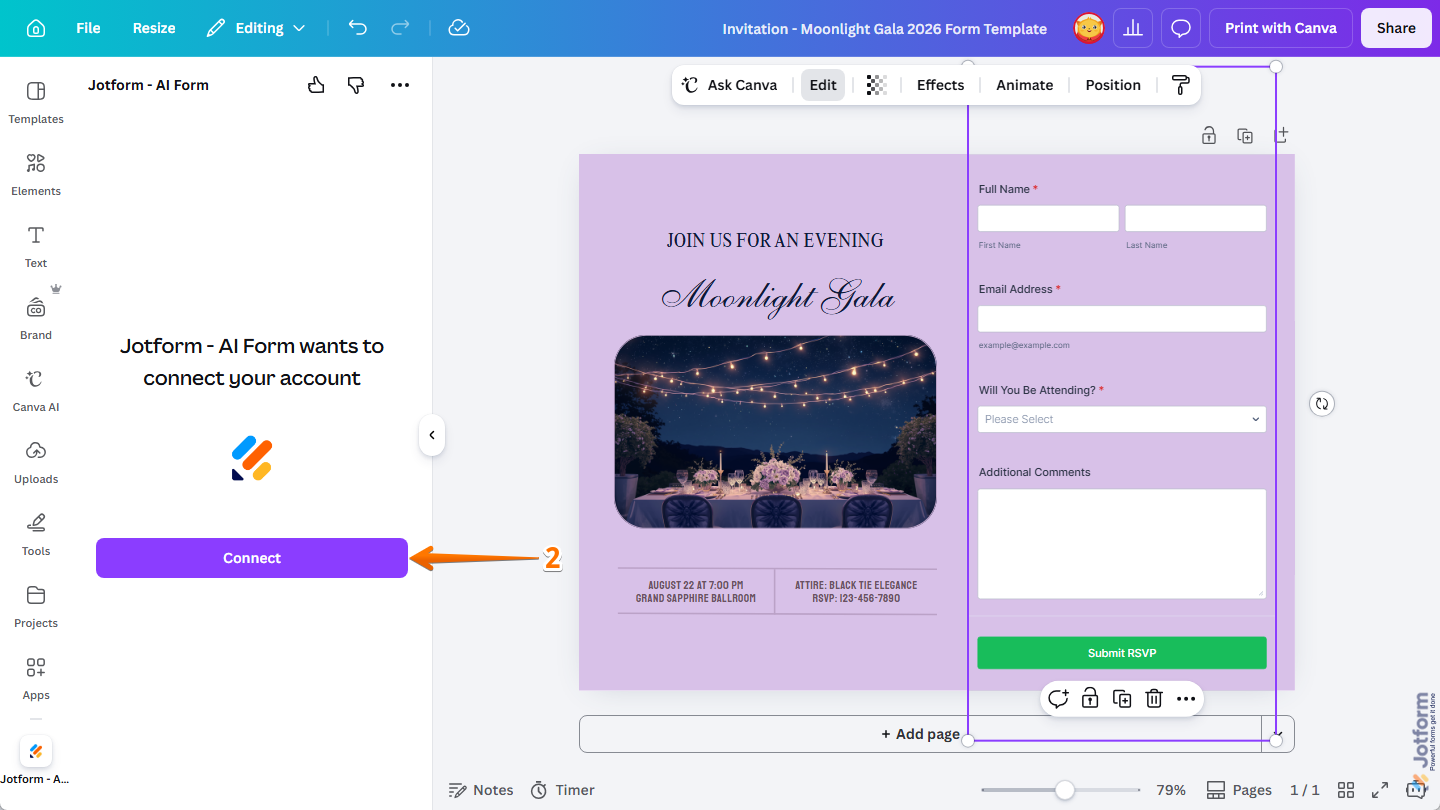 Connect button in the Jotform Canva App on the Canva Design Editor page