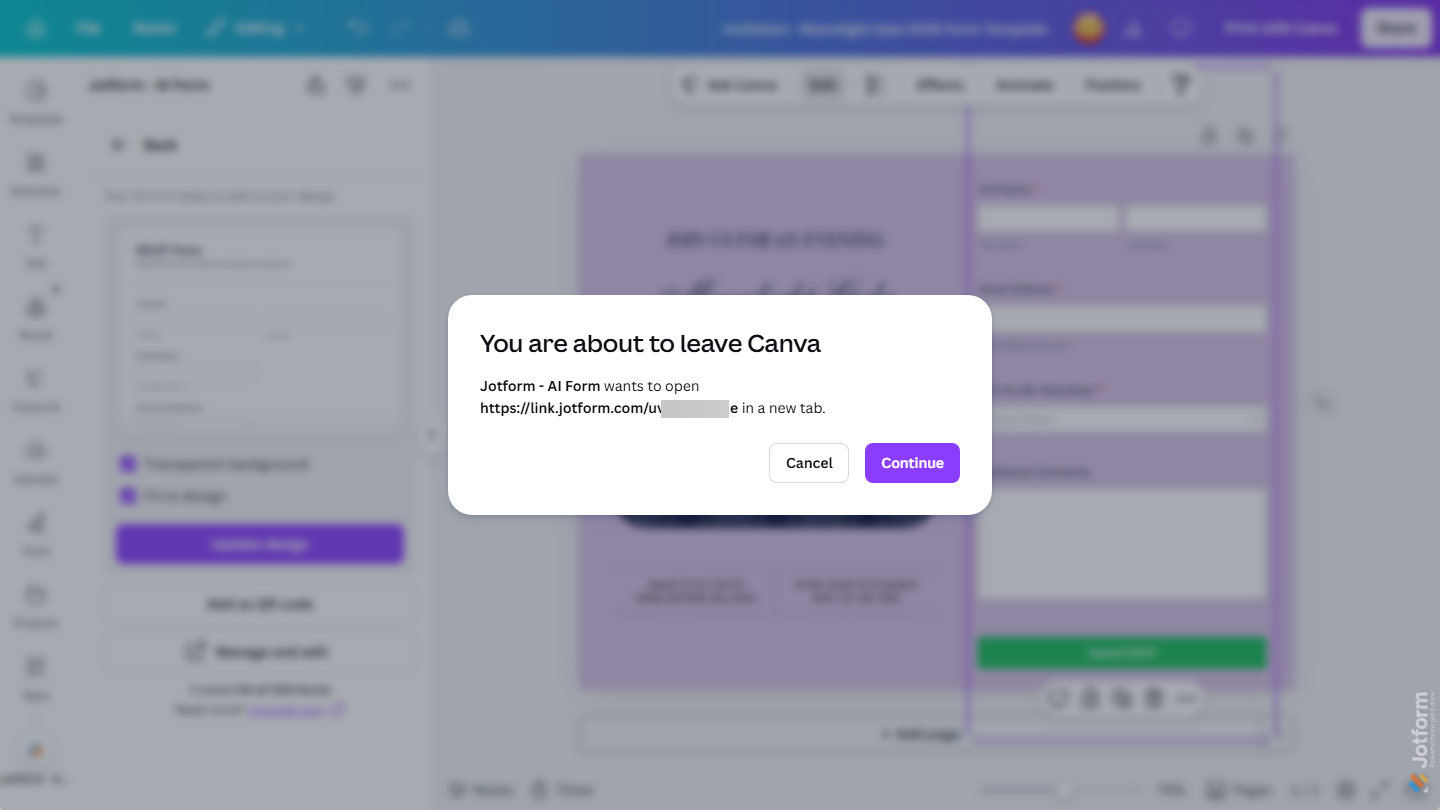 Continue button in the Confirmation window after connecting a Jotform account to the Jotform Canva App on the Canva Design Editor page