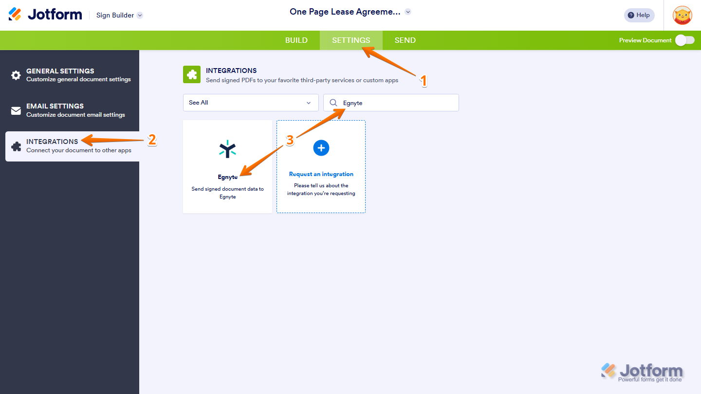 Sign Builder Settings Integrations tab showing Egnyte search and selection in Jotform