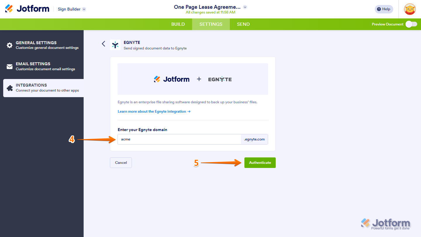 Egnyte integration page showing Egnyte Domain field and Authenticate button in Jotform