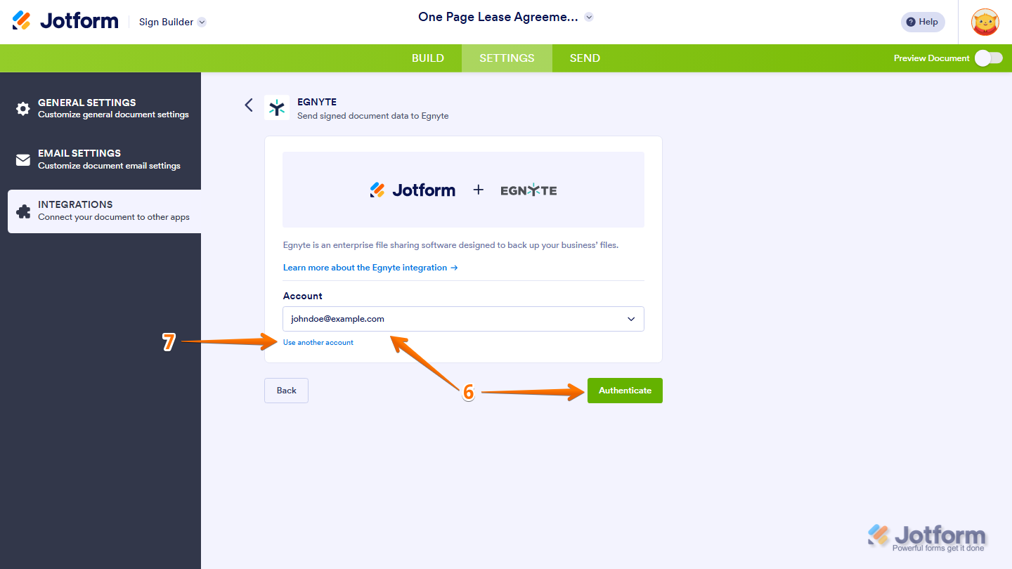 Egnyte integration showing account dropdown and Use Another Account option in Jotform