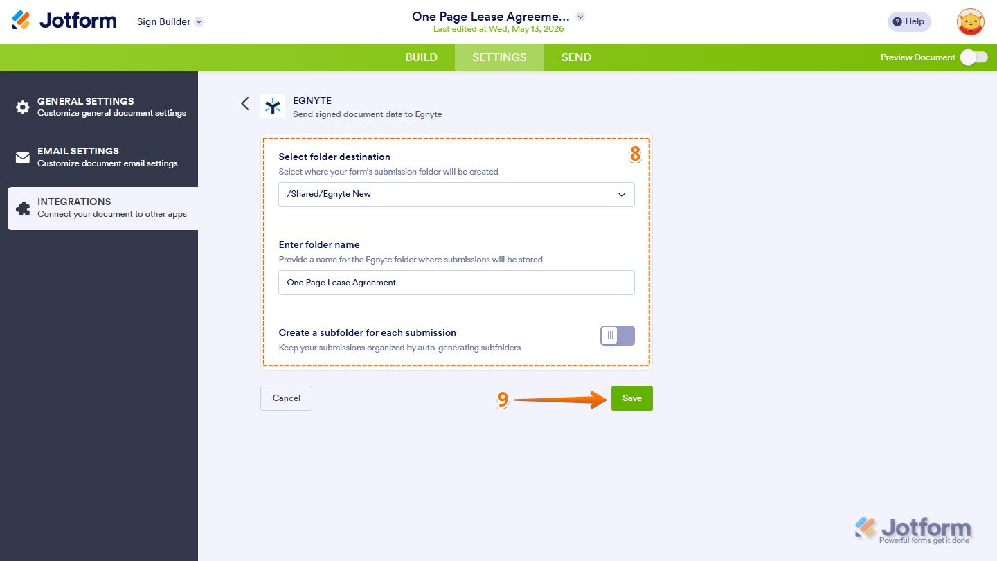 Egnyte integration settings showing folder destination subfolder options and Save button in Jotform