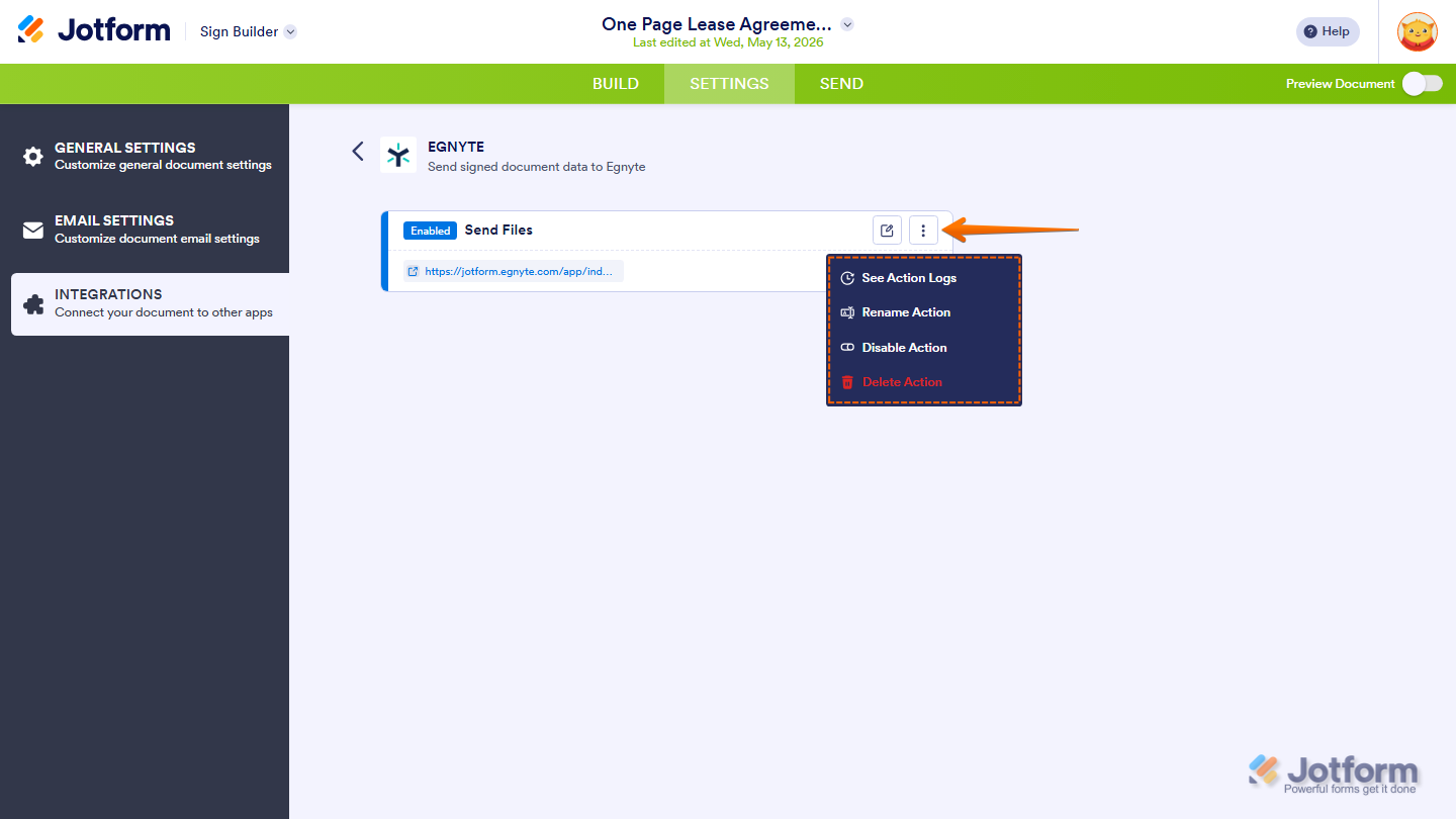 Integration actions page showing Pencil icon Three Dots menu and action options in Jotform