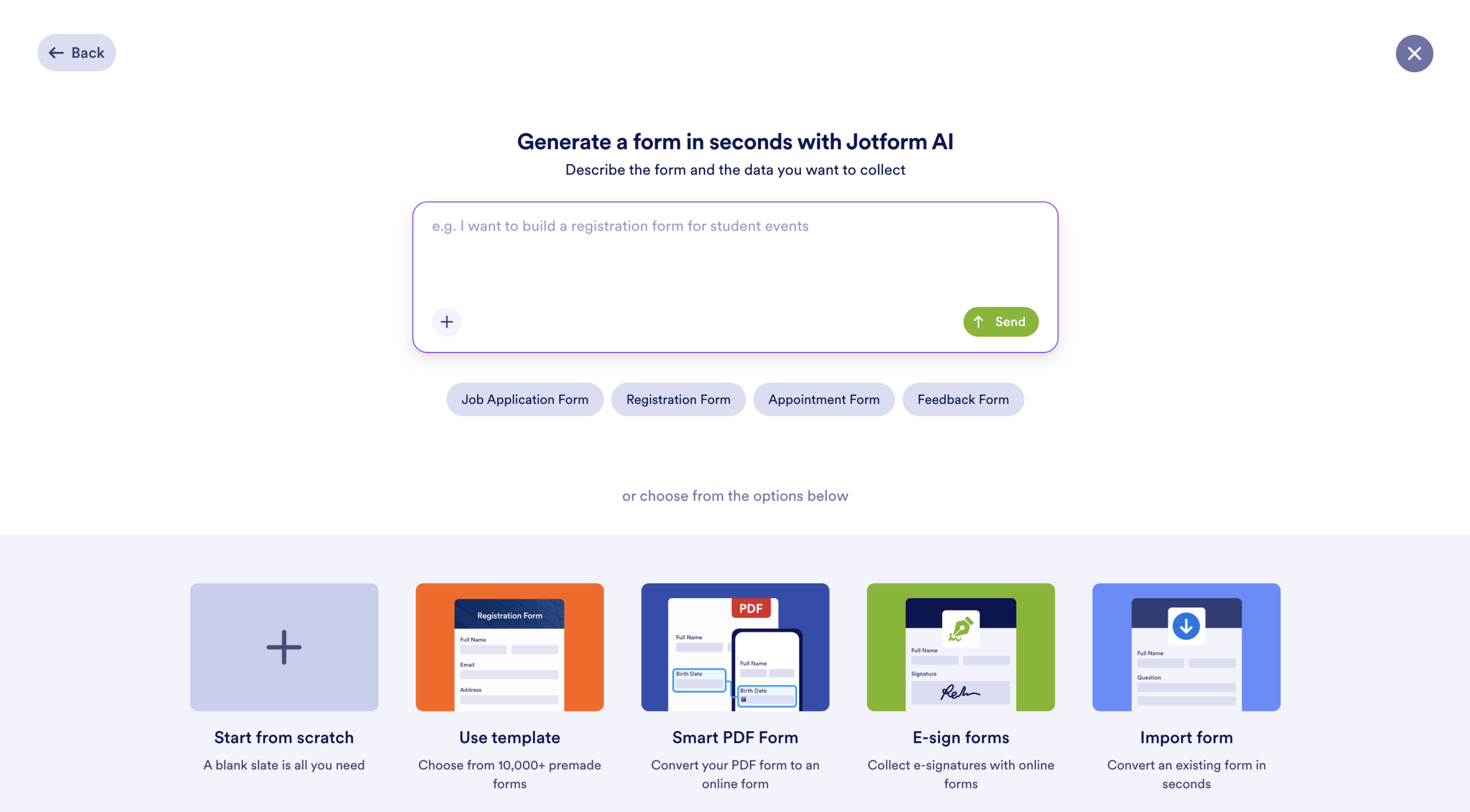 Viewing the form building options