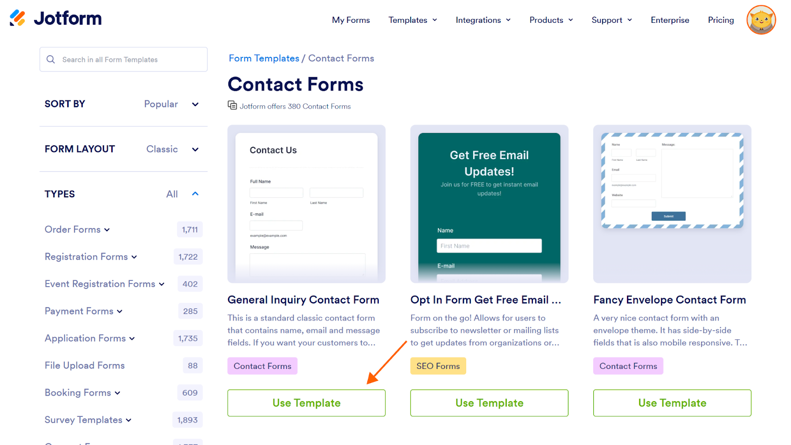 Screenshot of the Jotform Contact Forms Page, with an arrow pointing to the "Use Template" button