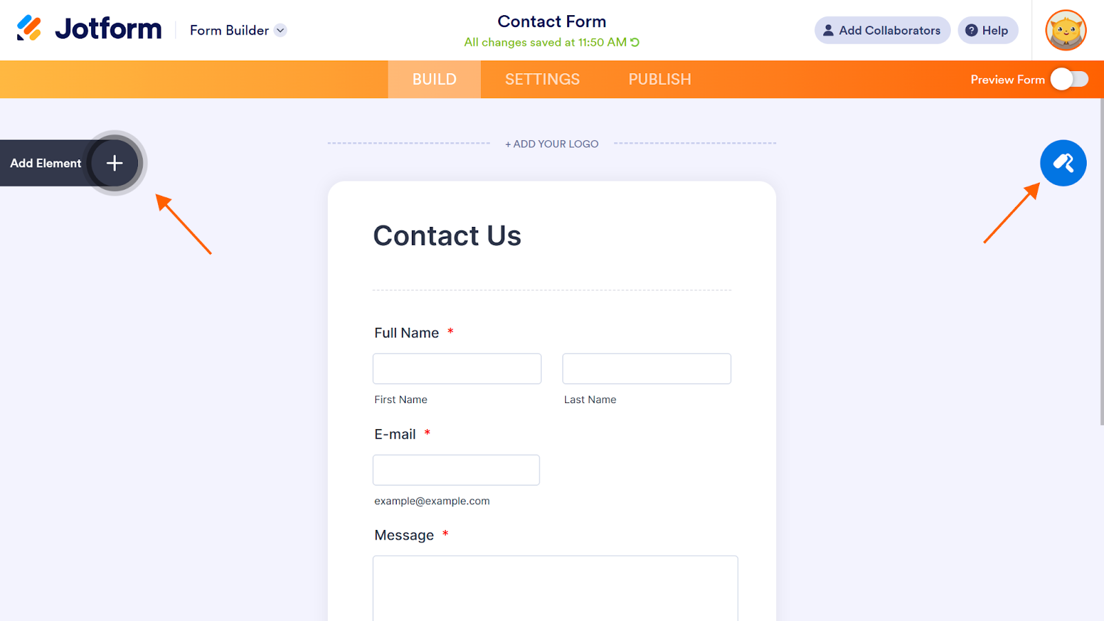 Screenshot of a Contact Form in Jotform, with arrows pointing to the "Add Element" and Form Designer buttons