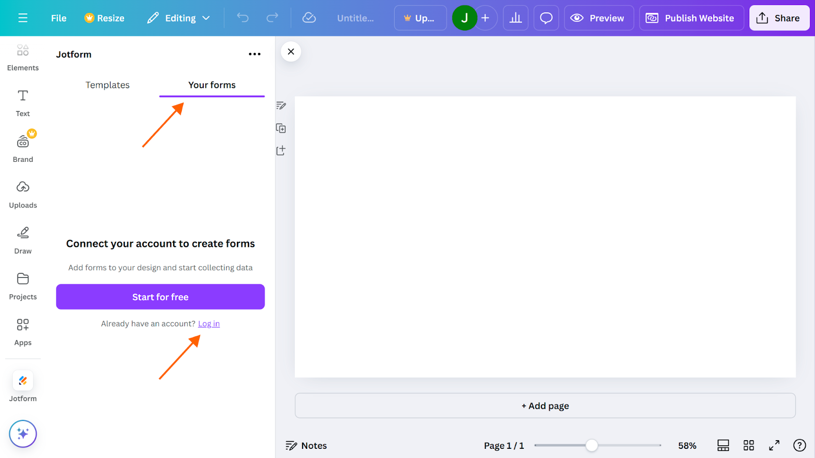 Screenshot of a Canva website with the Jotform app open on the left side, with arrows pointing to the "Your Forms" tab and the "Log in" button