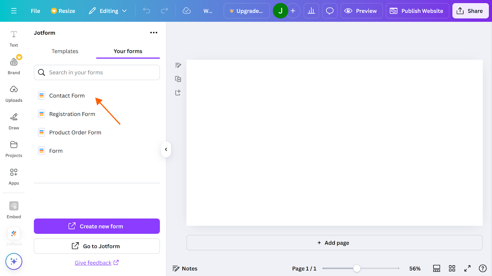 Screenshot of a Canva website with the Jotform app open on the left side and an arrow pointing to the "Contact Form" form option