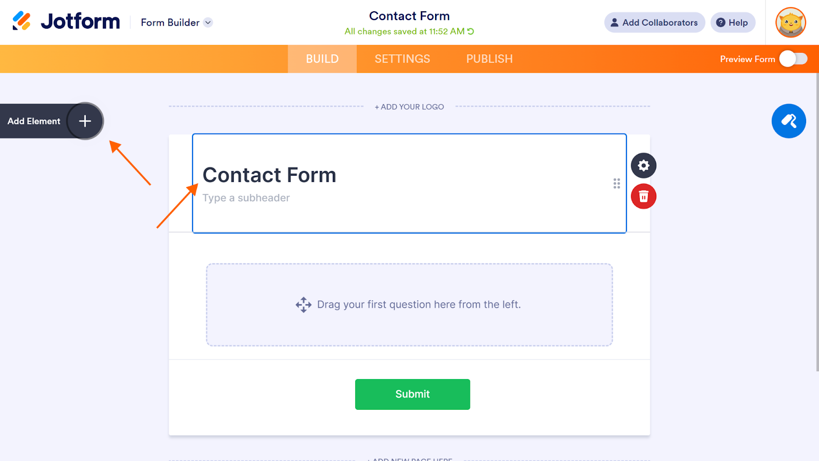 Screenshot of a Contact Form in Jotform, with arrows pointing to the title and the "Add Element" button