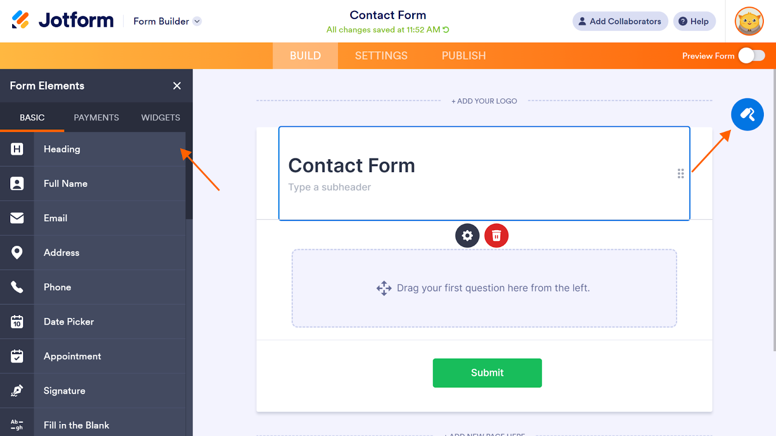 Screenshot of a Contact Form in Jotform, with an arrow pointing to the "Form Elements" menu and the Form Designer button