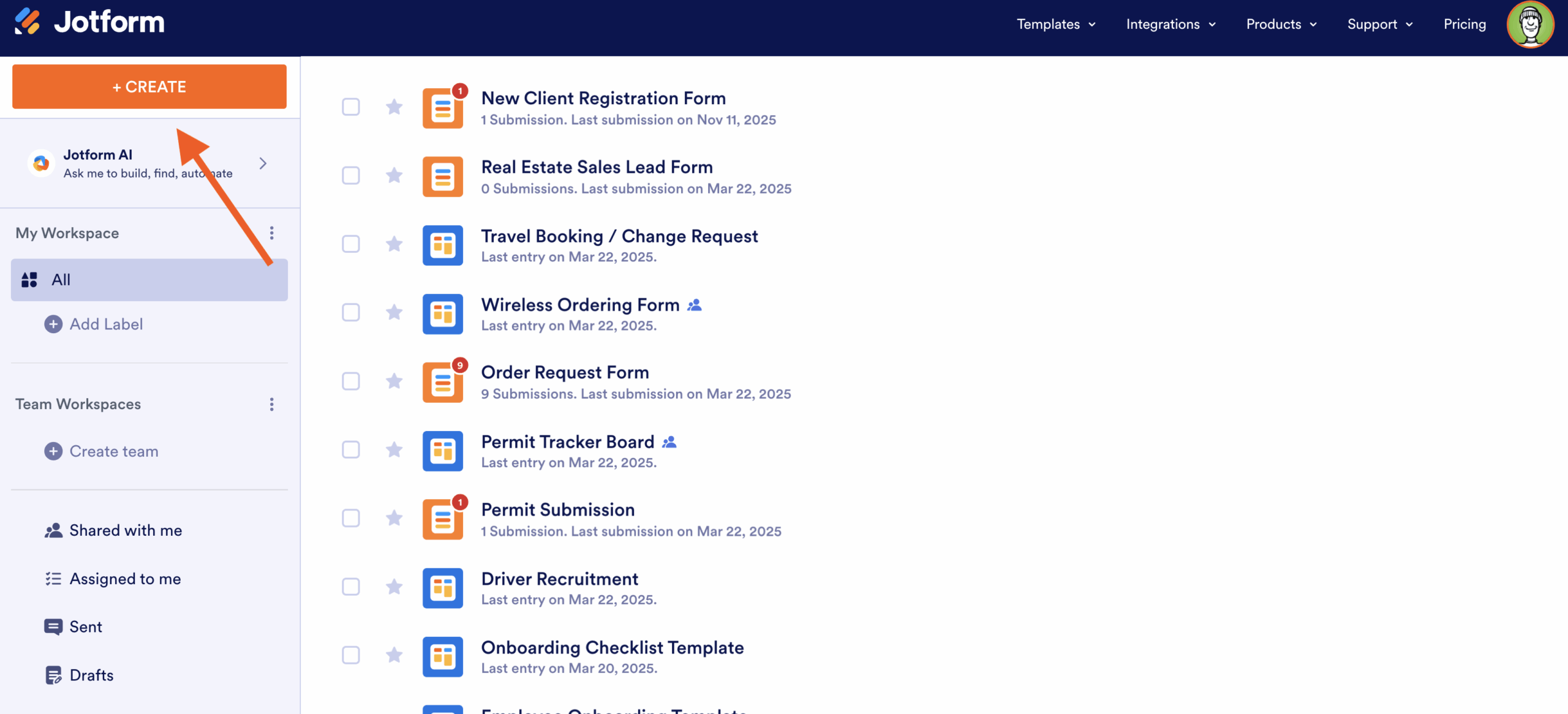 Clicking on the Create button on My Workspace page