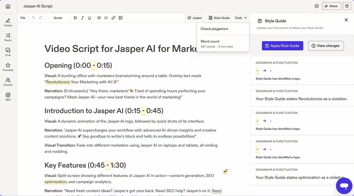 Interface utilisateur de Jasper AI Script