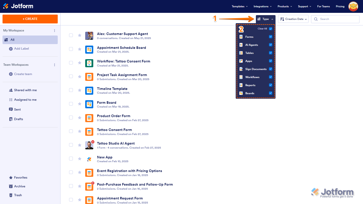 Filter Type in Workspace Jotform