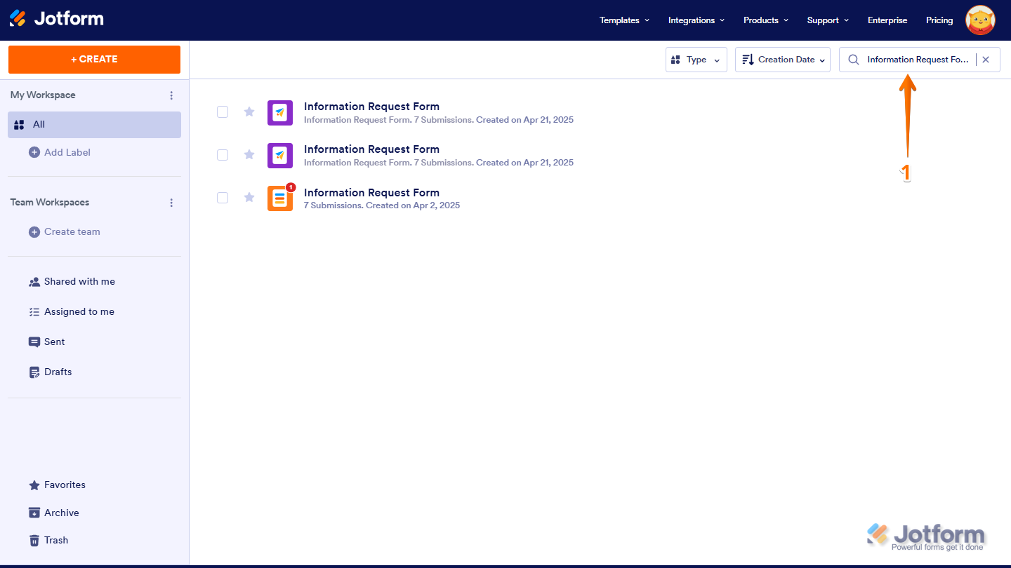 Search Asset in Search Bar of Workspace Jotform