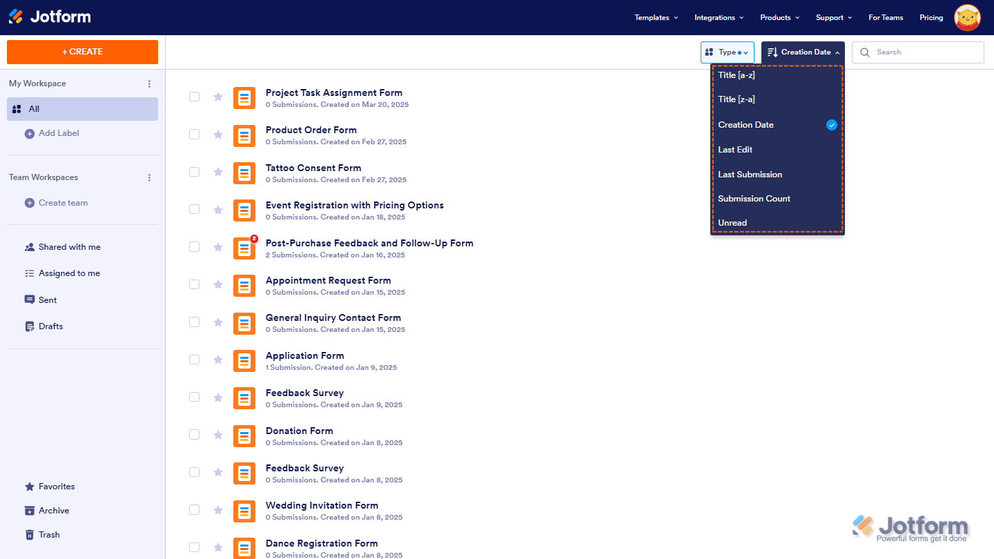 Additional Sorting option of the Sorting Type in Workspace Jotform
