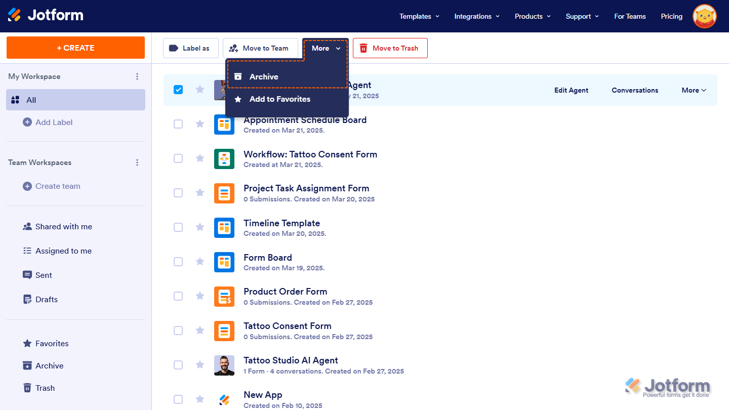 More and Archive option on the Top Menu Workspace Jotform