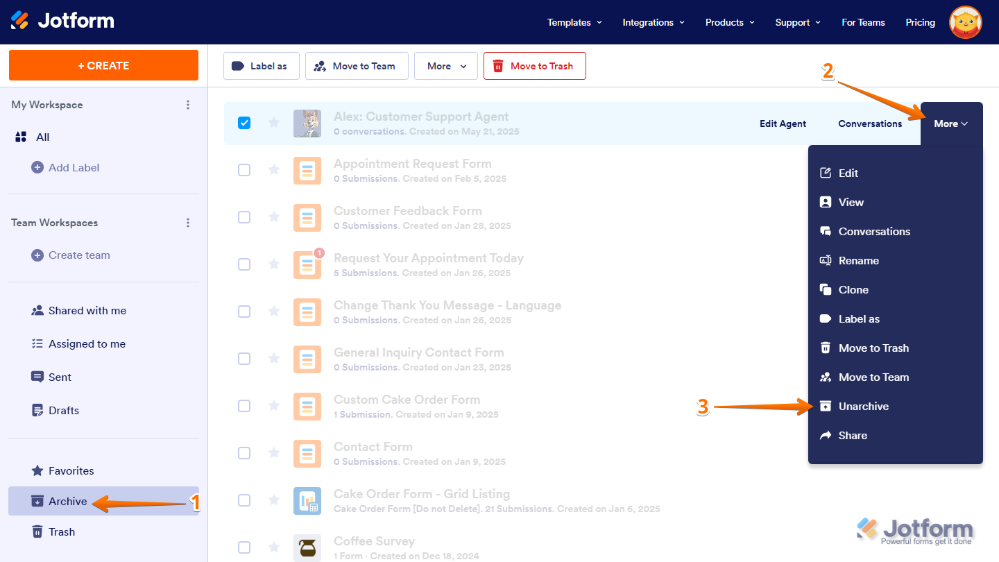 More and Archive option in Workspace Jotform