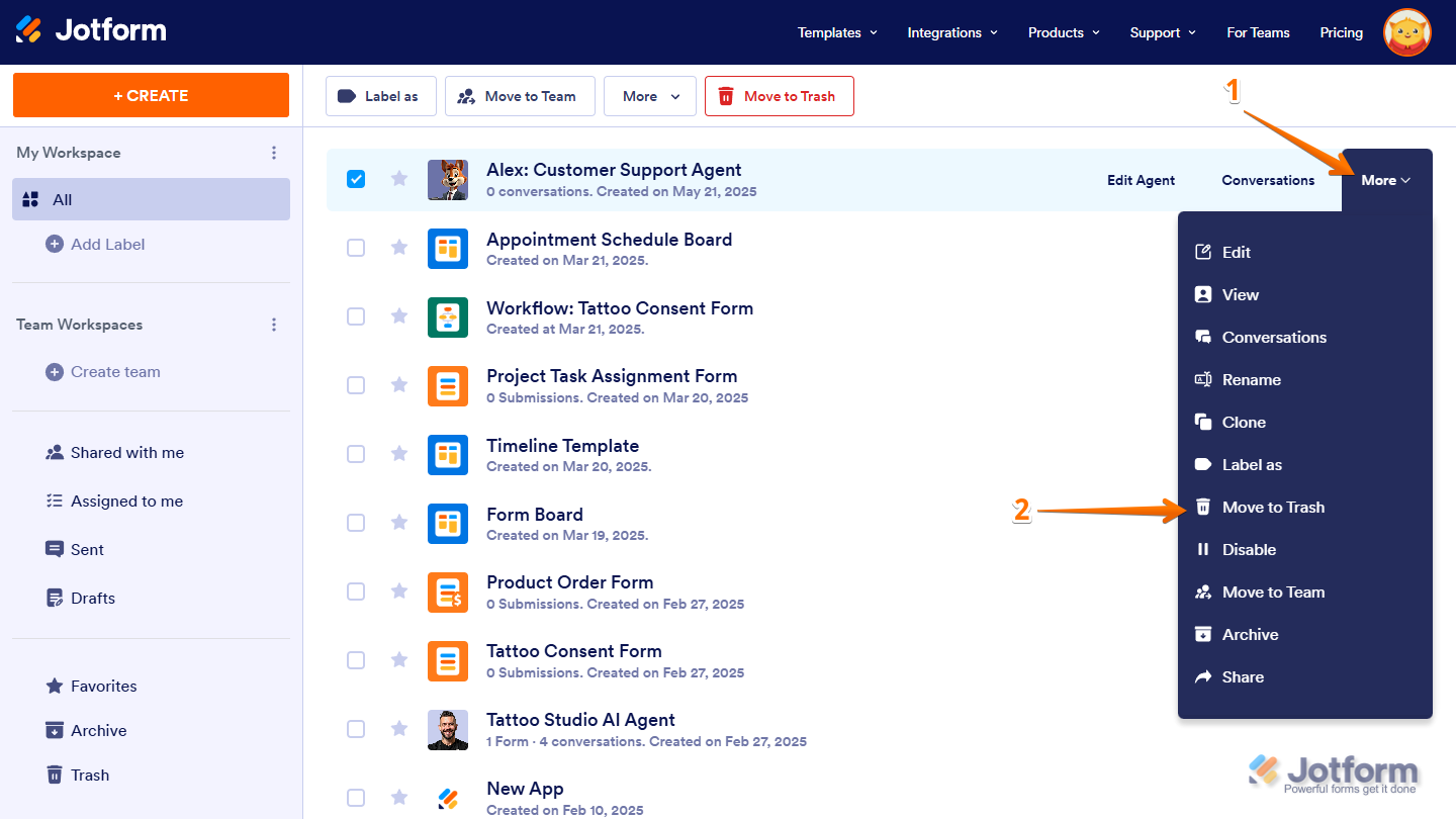 More and Move to Trash option in Workspace Jotform